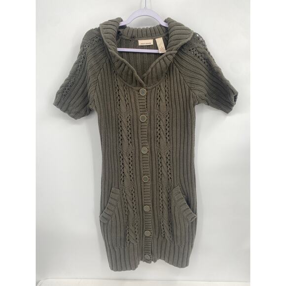 DKNY Long Olive Green Button Up Sweater Short Sleeve Collared Pockets Medium - Picture 1 of 9